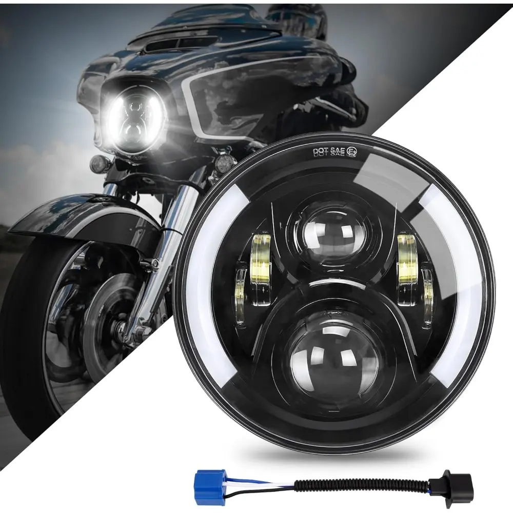 1 x 7in Round LED Motorcycle Headlight with Turn Signal - Lightweight Black Unit for 1994-2017 Touring, 2012-Later FLD, Road King, Ultra Classic, Electra, Street Glide, Tri, Cvo, Heritage, Softail, Slim, Deluxe, Fatboy