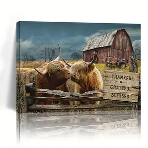 1 Piece  Canvas Farmhouse Highland Cow Rural Cow Barn Truck Wall Art Print, Used for Home Decoration, Living Room and Bedroom, Holiday Gift for Her or Him, Ready to Hang