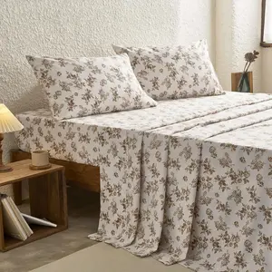 - Floral Bed Sheets, 4- Sheet Set, Shabby Chic Botanical  Cottagecore Vtage Flower  Prted Beddg, Deep Pocket, Brown Taupe,  Size