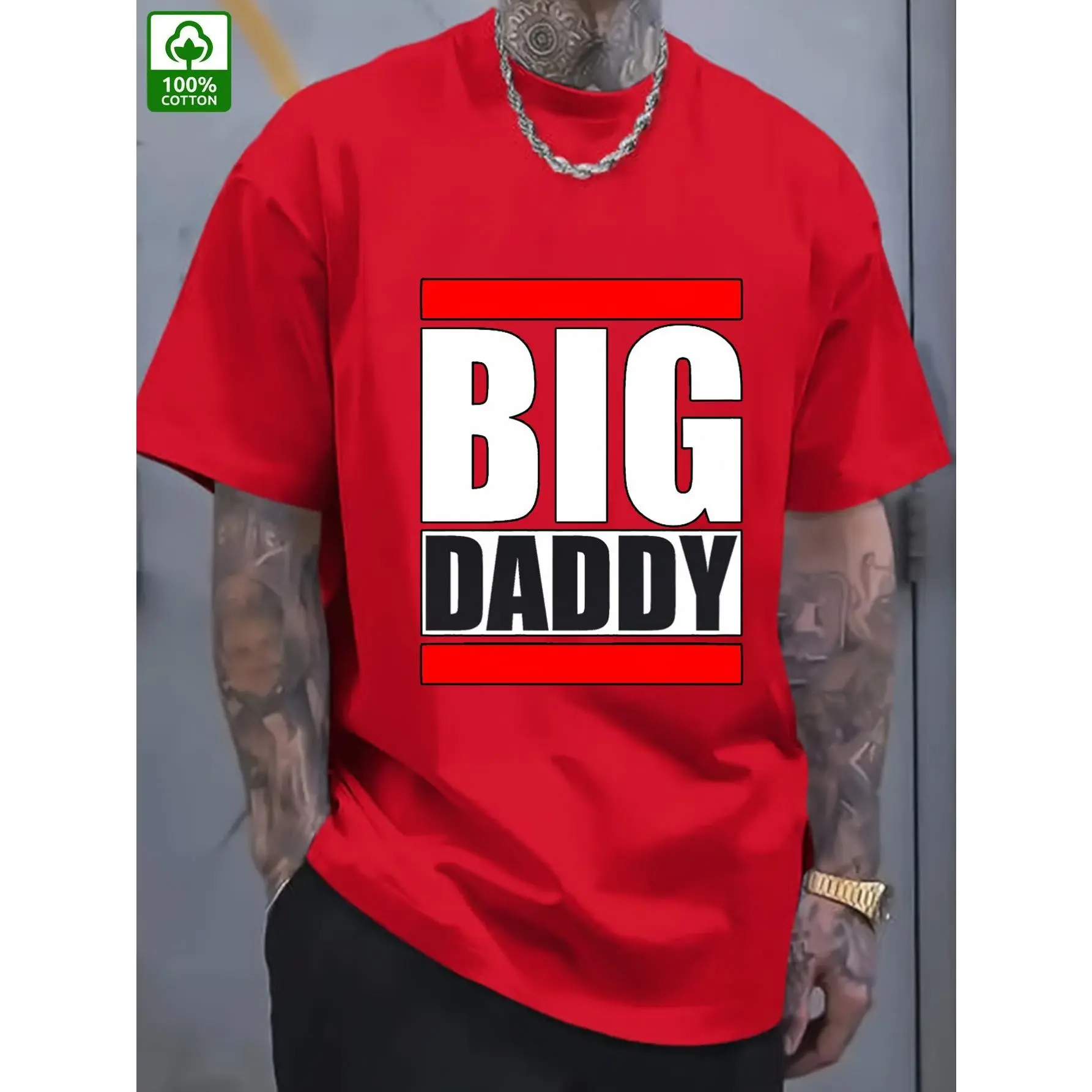 Men's Custom Print "BIG DADDY" Geometric Cartoon Round Neck Oversized Loose Fit Plus Size Cotton Short-Sleeve Sports Clothes, Breathable Athletic Men's Clothing, Gift-Ready Dad Tee for Father's Day