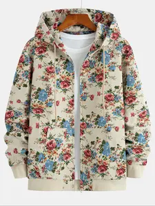 Men's Hooded Zipper Jacket Coat, Woven Chunky Yarn Jacquard Knit Sleeves, Plant Floral, Pockets, Casual Sportswear, Menswear, Knitted Long Sleeve Fall Winter Outerwear, Casual Loose-Fit Sweatshirt, Floral Print Hoodie