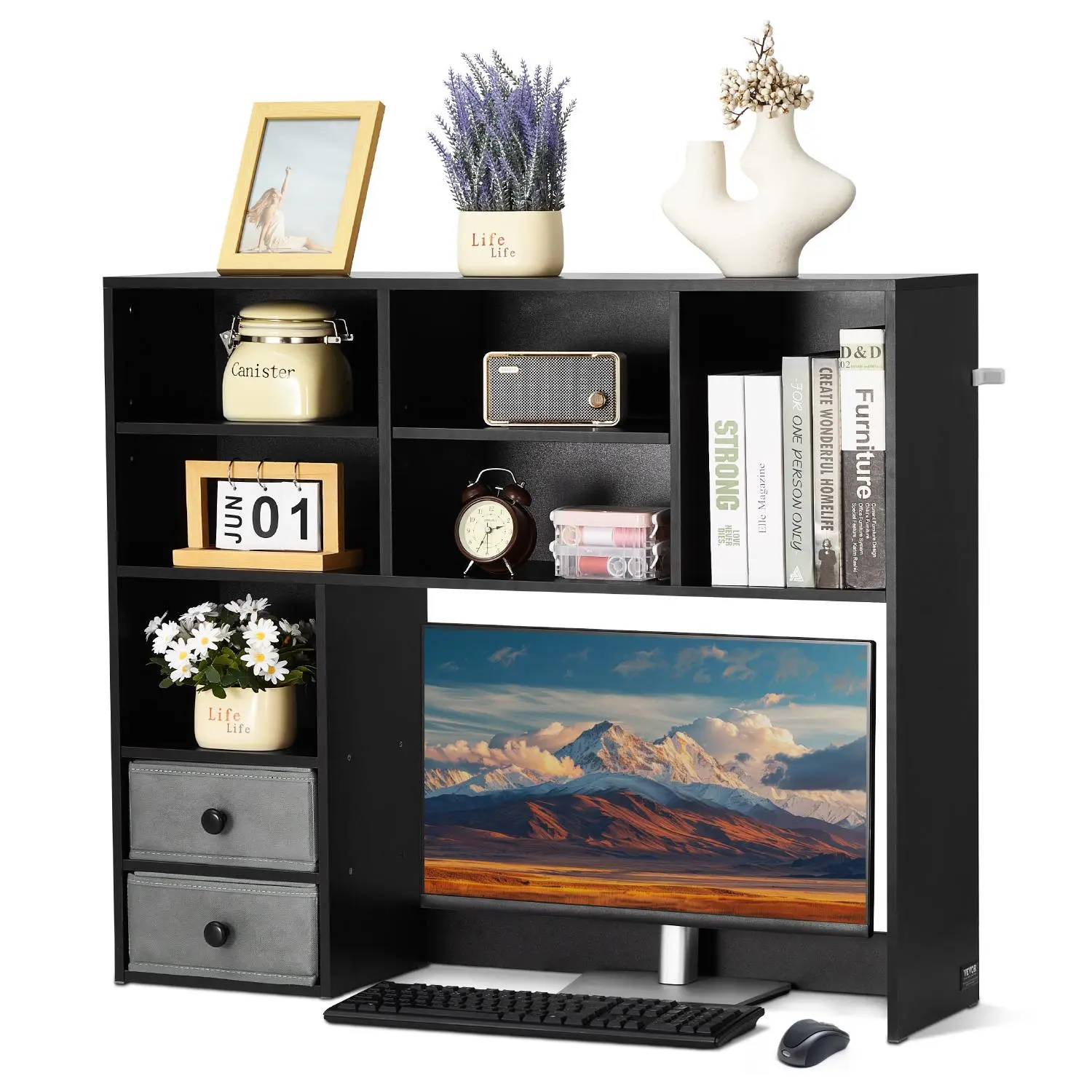 【Summerfinds】VEVOR Black 3-Tier Rectangle Desktop Bookshelf, Sturdy Desk Accessory for Home Office Desks & College Dorm, with Book Holder, PC Stand Bookends & Monitor Shelf, Desk Accessories