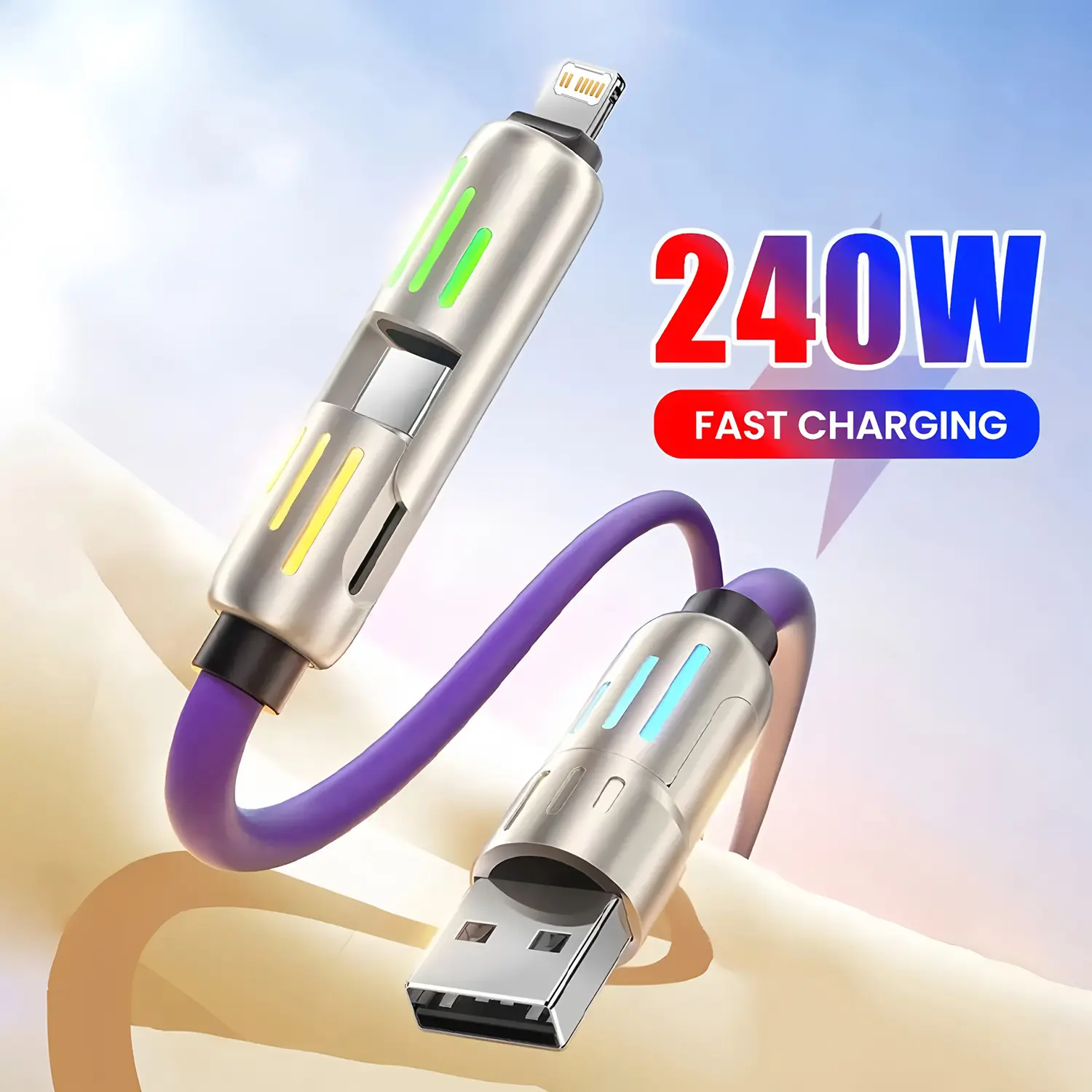 240w Four-In-One USB-C Cable PD 5a Fast Charging Smartphone, Includes USB a Type C Lightning, Breathing Light Aluminum Design, 4ft Silicone Cable
