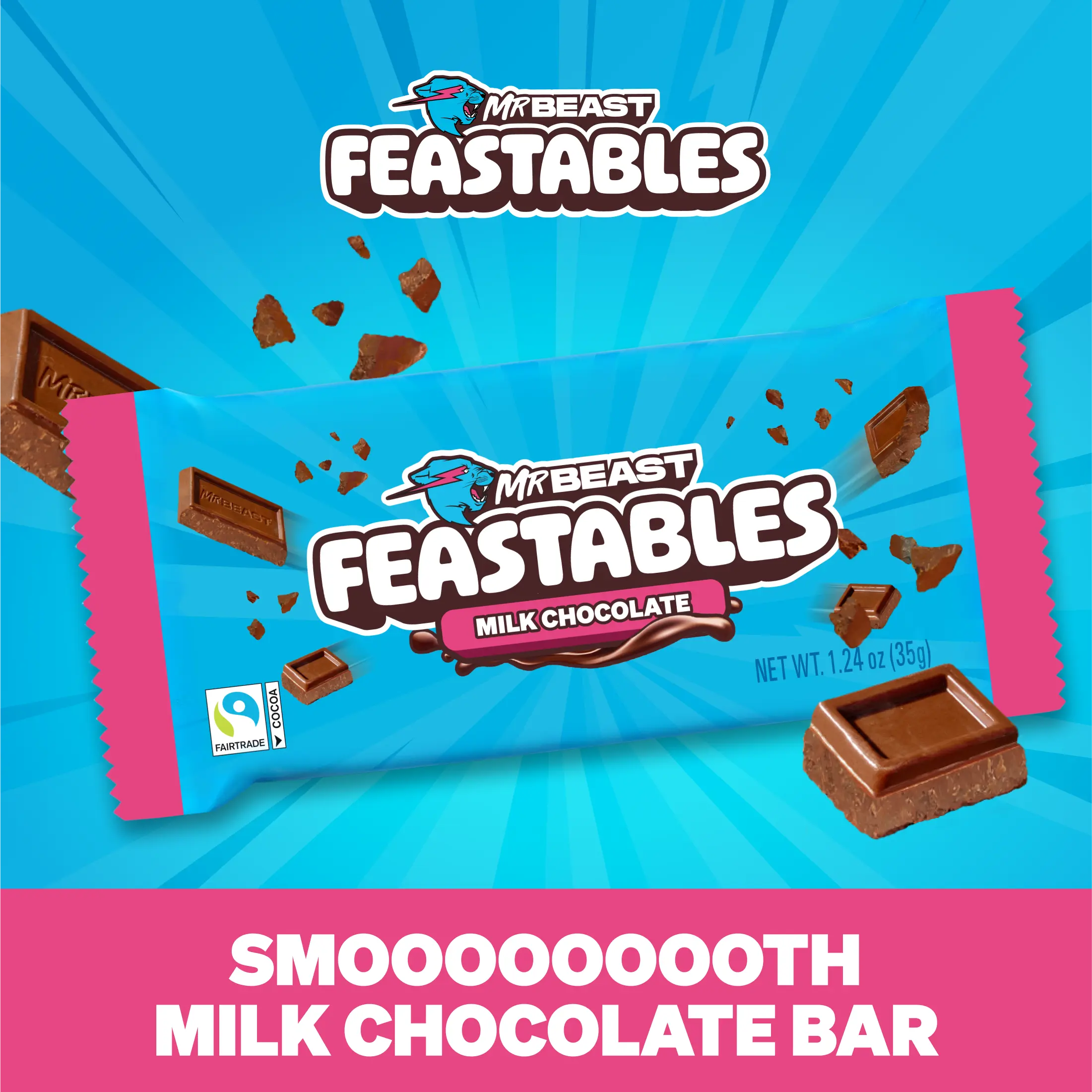 Feastables by MrBeast - Milk Chocolate Bars - for Adults & Kids, Chocolate, Candy, Cocoa Sweet & Crunchy Snack, Fairtrade Certified, Kosher, Perfect for Gifting or Snacking