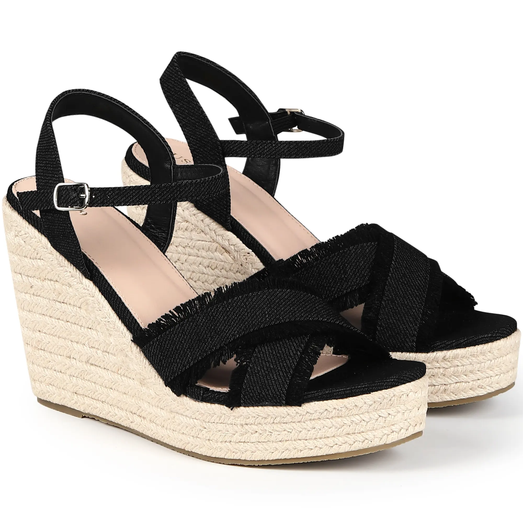 BLISSFUL STEP Women's Denim Platform Slingback Espadrille Wedge Heel Sandals