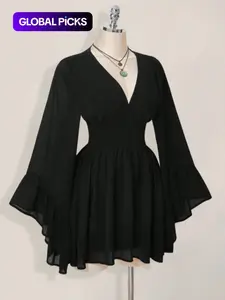 Women's Gothic Style Solid V Neck Waist Cinched Fitted Dress, Elegant Long Sleeve Mini Dress, Autumn/winter Lantern Sleeve Dress, Womenswear Lady