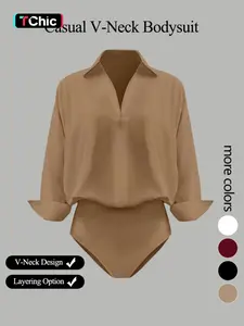 Women's casual loose V-neck long-sleeved shirt jumpsuit, elegant Solid lightweight woven fabric, slim fit, fitted, suitable for all seasons, and can be layered flexibly.