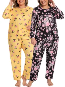 Plus Size Women's Long Sleeve Floral Pajama Set, 2 Piece Rose Print Loungewear, Soft Sleepwear