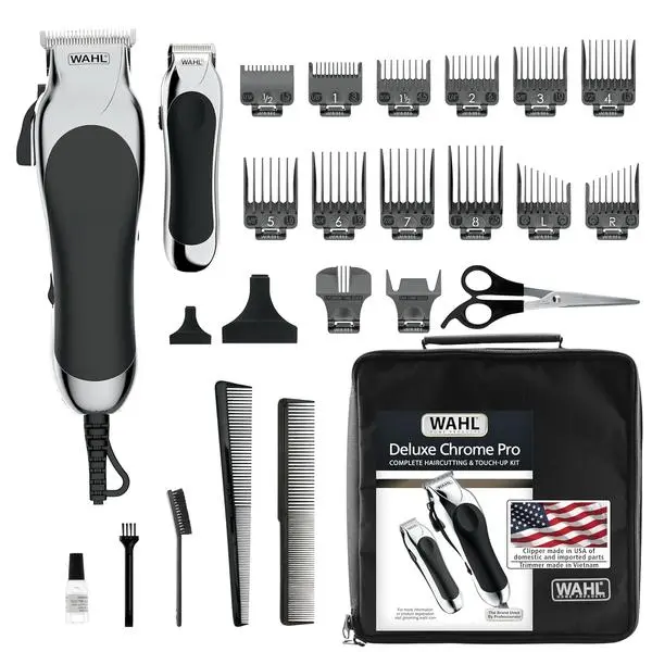 Wahl Clipper USA Deluxe Corded Chrome Pro Complete Hair & Trimming Kit | Complete Home Haircutting Kit Includes Corded Hair Clipper Beard Trimmer & Styling Shears - Model 3029682