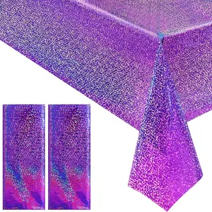 2pcs Purple Holographic Laser Shimmering Tablecloth Set, 54x108 Inches Rectangular Plastic Party Decorations, Perfect for Halloween, Birthdays & Anniversaries