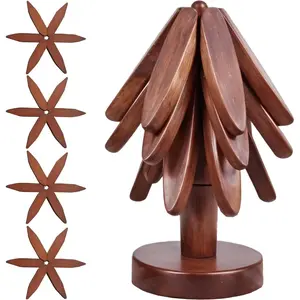 Wooden Tree Trivets Coaster Set - Collapsible Christmas Tree Stand Design with Set of 4 Leaf Shaped Wood Pads - Foldable Cute Pot Holders for Hot Dishes Pans Bowls and Cups