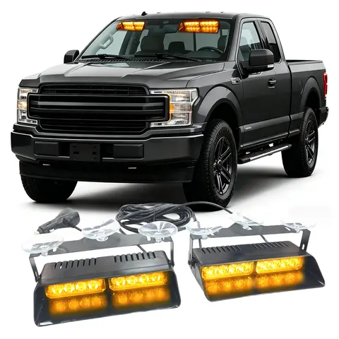 2×7.16 inch, 16 LED 2 in 1 Emergency Dash Strobe Lights Interior Windshield Lights Amber White Warning Hazard Safety Flashing w/Suction Cups for Construction Vehicles, Trucks Car