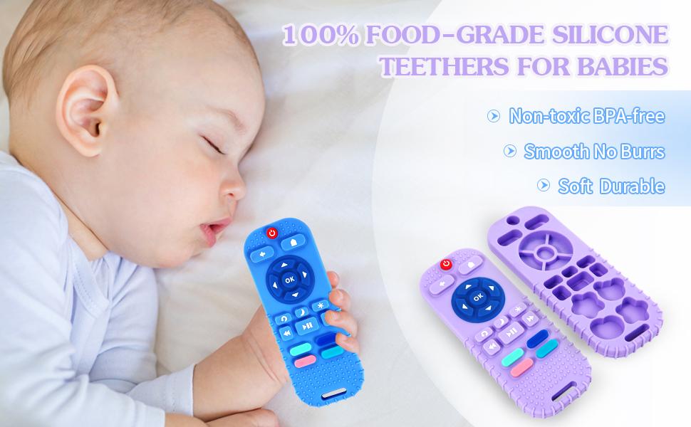 2 Pack Silicone Baby Teething Toys 0-12 Months, Remote Control Teether for Infants, BPA Free Baby Chew Toys, Sensory Teethers for Newborn Boys & Girls, Soft Soothing Teether Gift