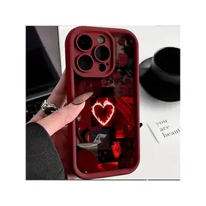 1pc Burgundy Aesthetic Color Block Girly Pattern Embossed TPU Soft Shockproof Waterproof Mobile Phone Case Compatible With IPhone