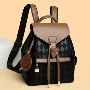 Women's Professional & Everyday Backpack - Golden Buckle, Zipper Closure - Lightweight Purse for Work, Travel, College, Casual Outings - Gift Idea with Face Charm Charm, Playful Design, Durable Construction