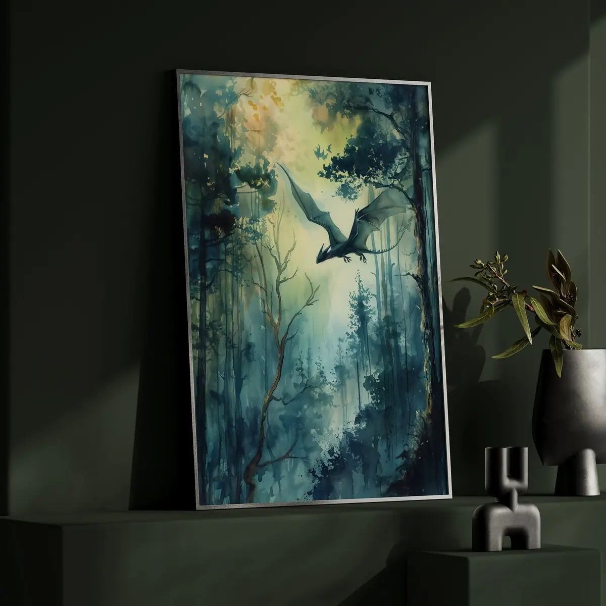 Forest Dragon Art Vertical Poster Print Fantasy Art Forest And a Dragon Fantasy Printing, Illustration Dark Academia, Room Decor