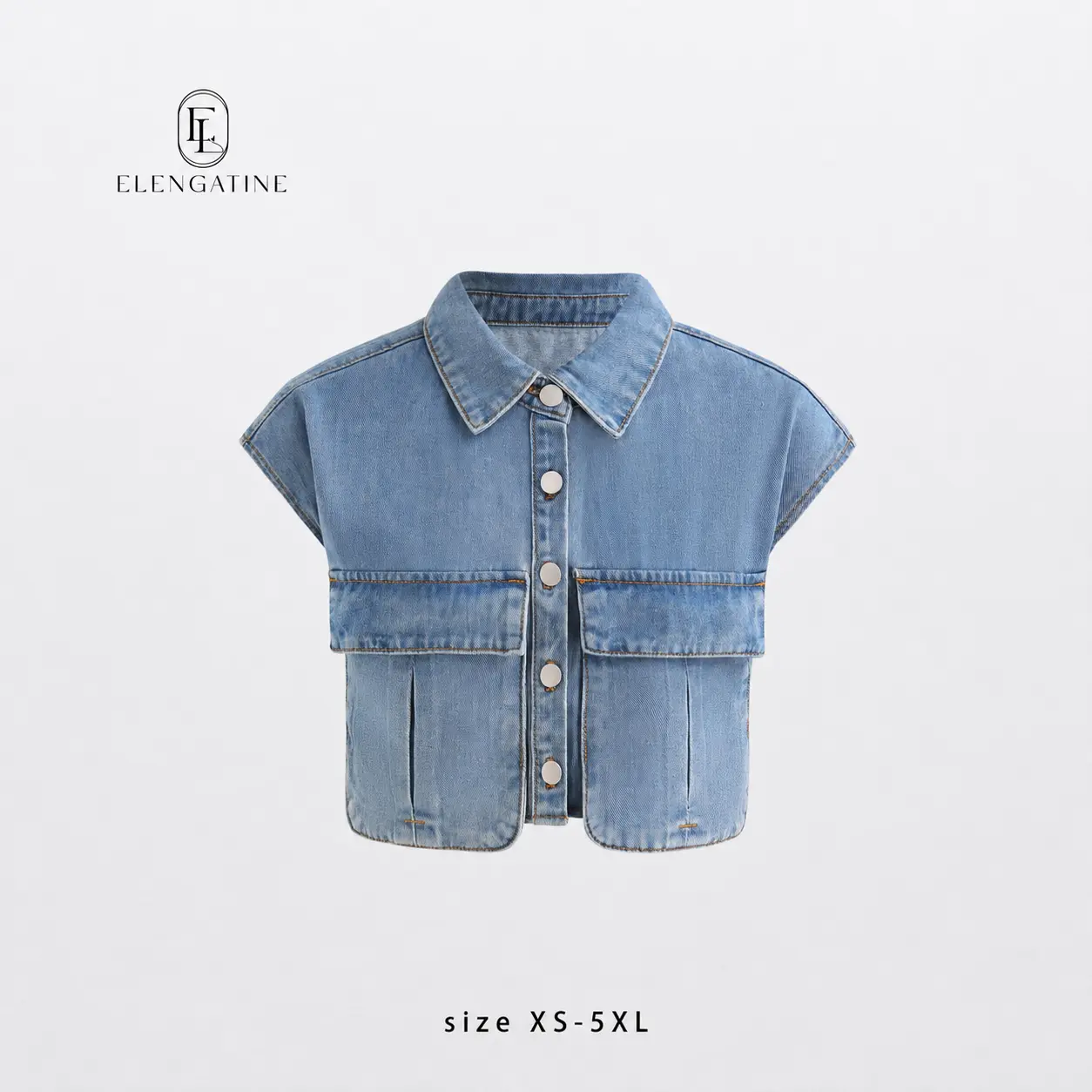 Women's Bohemian Basic Denim Vest, Polyester Cotton Blend, Rounded Collar, Wide Shoulders, Slit Pockets, Button Front Closure, Comfortable Elegance for Autumn Fashion,back to school,back to school shopping