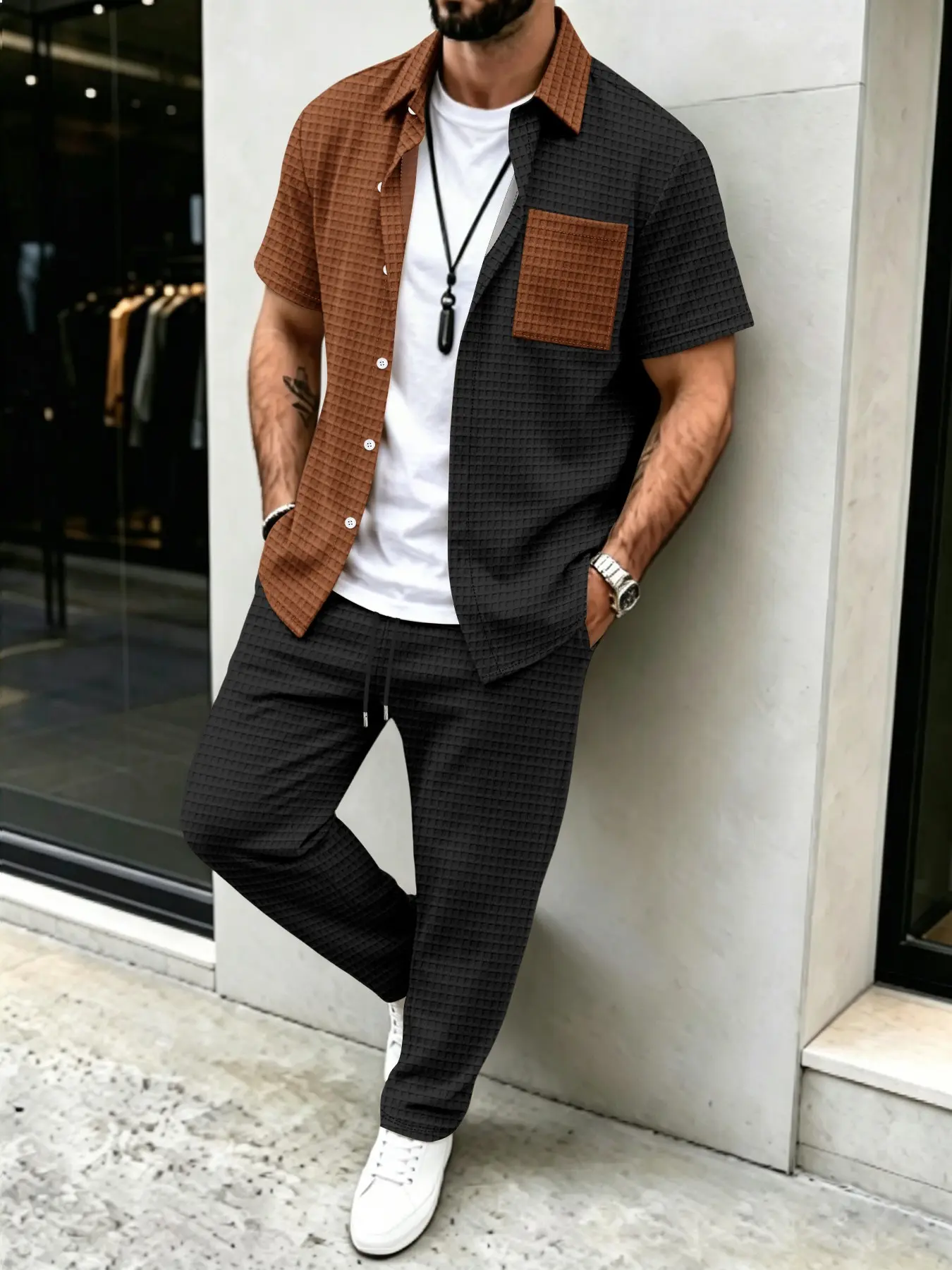 Men's Business Casual Plaid Patchwork Short Sleeve Shirt and Long Pants Set, Outfit Suit Set, Stylish Office Wear, Comfortable Daily