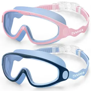 [Spring Shine]Vvinca Kids Swim Goggles for Boys Girls Age 3-12, Soft Wave-Shape Strap (No Hair Pulling), 180° Wide View Anti Fog/UV Waterproof Swimming Goggles, Leak Free Silicone Pool Goggle for Toddler Youth