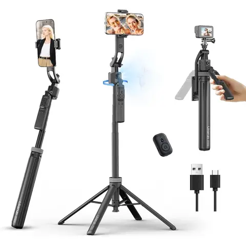 ULANZI TT23 64" Detachable Portable Adjustable Bluetooth Auto Face Tracking Tripod - 360° Rotating Selfie Stick with Remote, Tripod for iPhone (18/17/16/15/14), Smartphone/Cellphone/Android, Camera, GoPro Phone Accessories