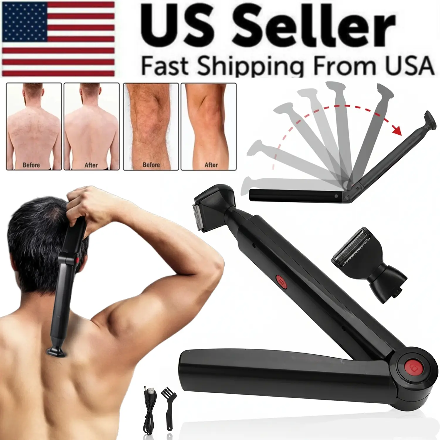 Men's Rechargeable Fastcharging Long-Handle Electric Back Shaver - USB Body Hair Trimmer, Compact Fold, ABS Accessories, Lights, Reflectors, 2 Interchangeable Back & Body Heads for Home Use