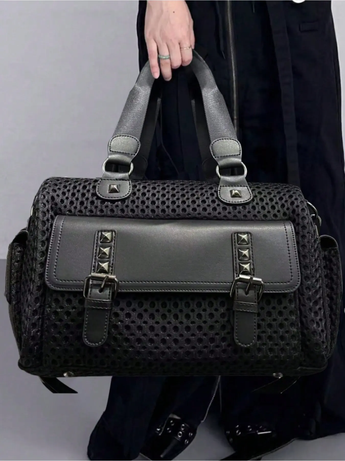 Ladies' retro casual handbag, Stylish handbag, personalized Y2K motorcycle bag, street style rivet spliced city bag, suitable for work, commuting large capacity multi pocket, Flap pocket design single shoulder crossbody bag, black