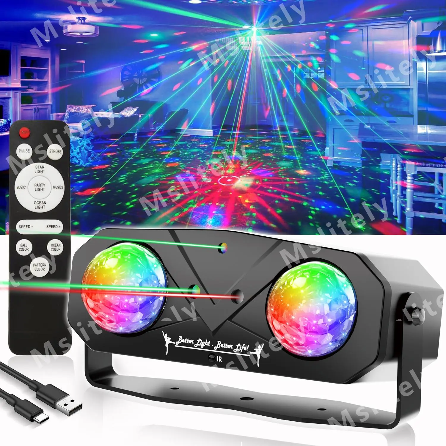 Mslitely Ultimate Disco Party Double LED Ball Lights (with ripple and starlight effects), 3-beam projector lights, voice-activated and remote-controlled—perfect for house parties, birthday parties, Halloween, and Christmas decorations, LED Lighting
