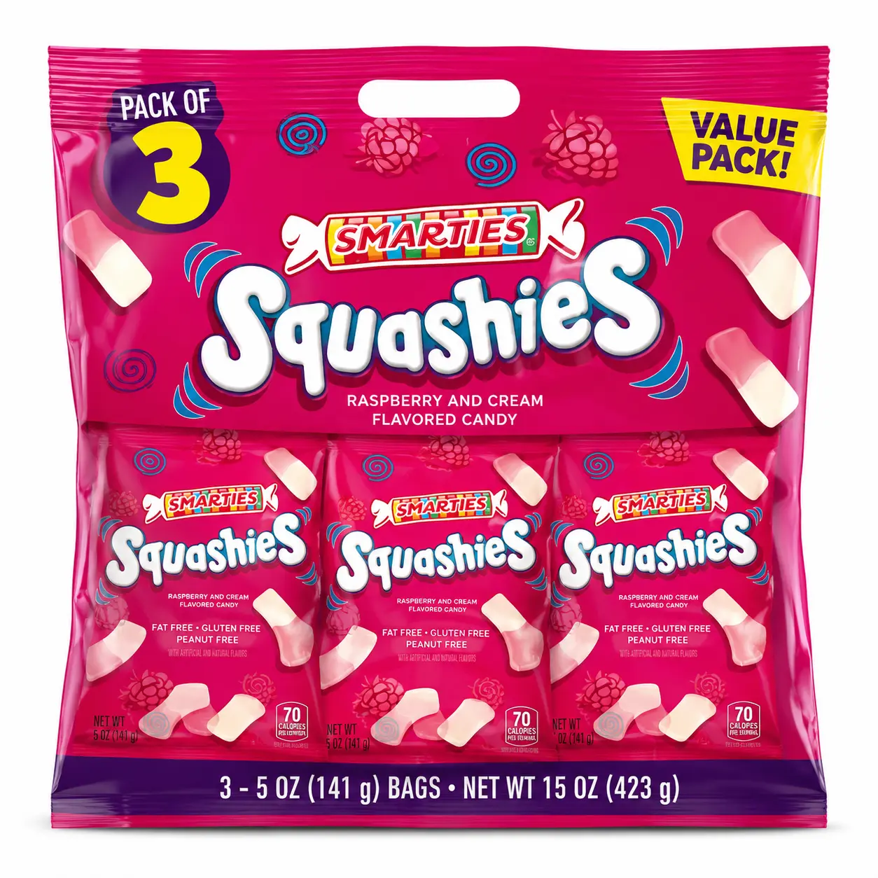 Smarties Squashies Raspberry & Cream Gummy Candy, 3 Pack, 5 oz Each - Strawberry Vanilla, Tutti Frutti, Lemon Raspberry, Banana Toffee Flavors - Vegan, Gluten-Free - 10 oz Trending Food Snacks for Candy Lovers Chewy Fruit Peanut Sweet Bonbon Soft berry