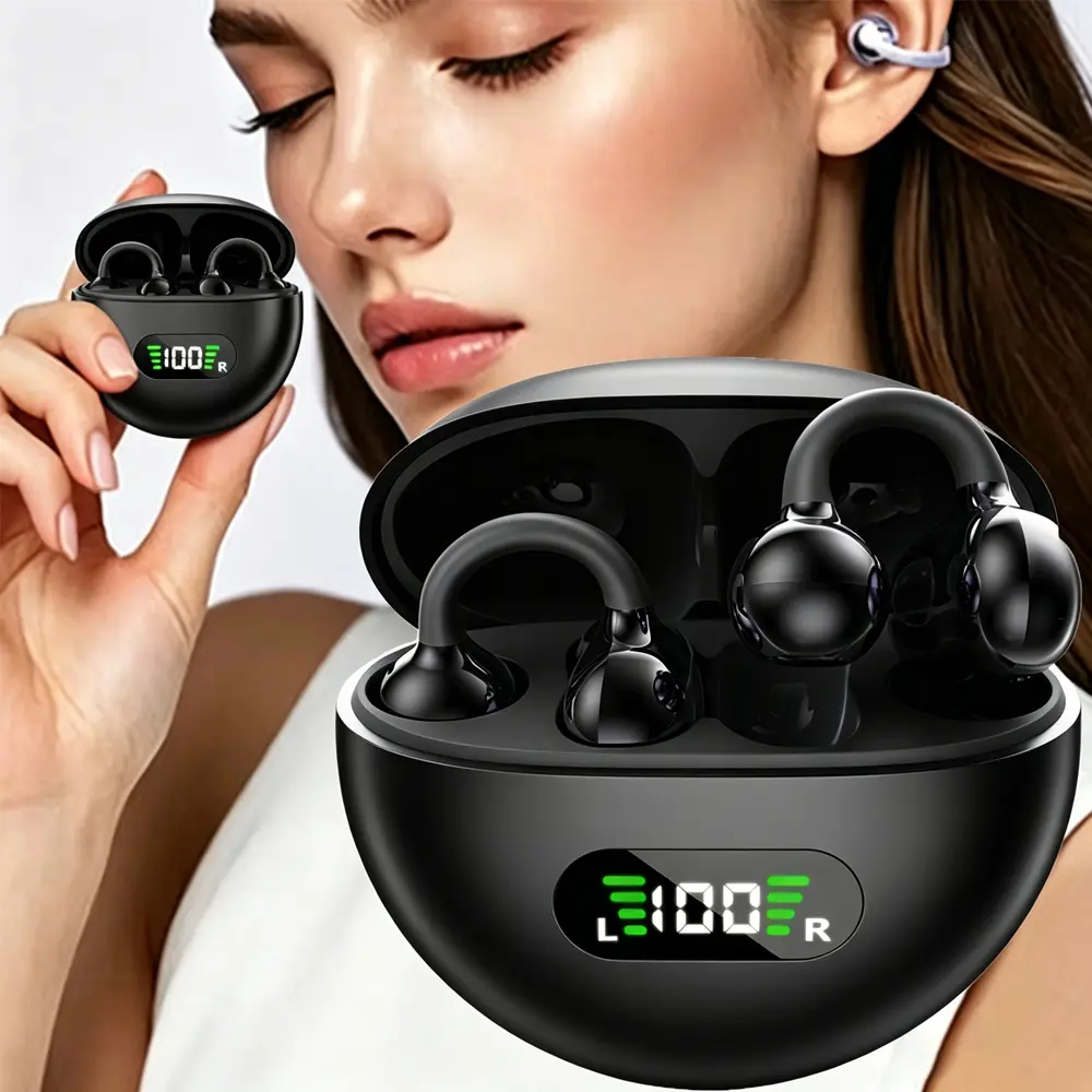 TEMPOMIND Wireless Clip-On Open-Ear Headphone - Clip-On Audio Earbuds with LED Display, Cell Power Indicator, Non-DEHP, Not Water Resistant, for Running