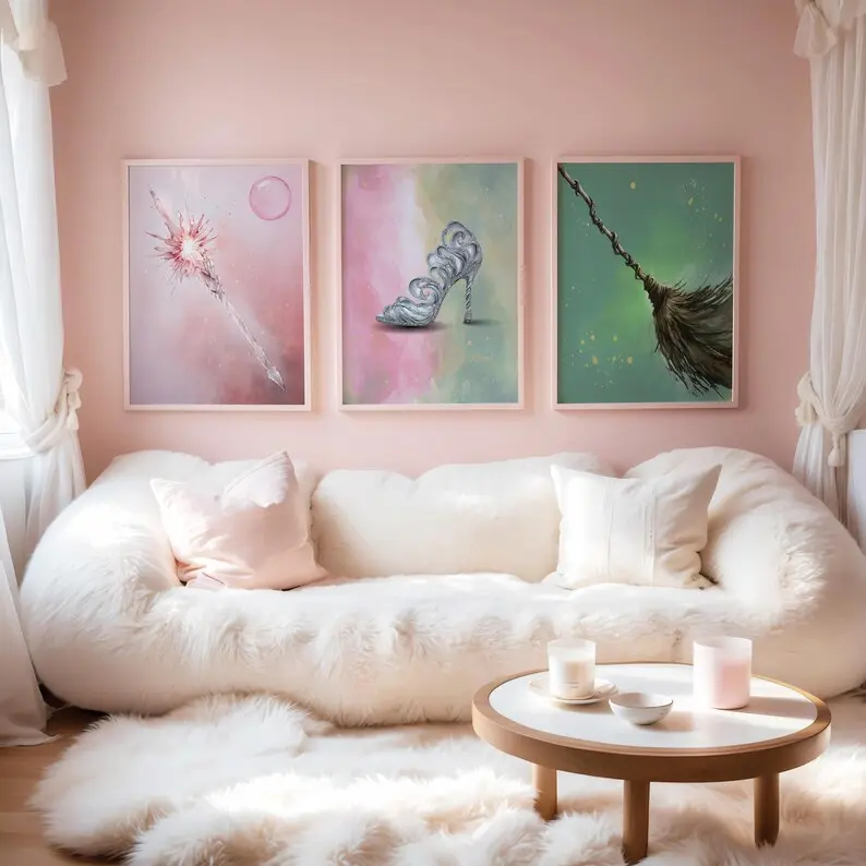 3-Piece Wicked Witches Watercolor Art Print Set - Pink & Green Paintings, Glinda Wand, Elphaba Broom, Nessarose Silver Shoes - Unframed Wall Decoration, Girl Room Gift #308
