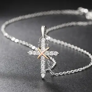Unisex Colorful Shiny Exquisite Cubic Zirconia Cross Side Pendant Necklace - Fashionable Jewelry Accessories, Modern Versatile Accessories, Ideal Jewelry Gift for Enthusiasts, Cross Motif Necklaces