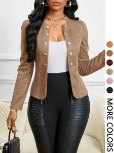 Women's Tan Suede Pearl Button Blazer, Faux Suede Fabric & Decorative Pearl Buttons & Puff Shoulders & Tailored Fit & Multiple Color Options 1pc