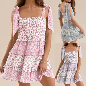 Women's Summer A-Line Dress, Short Puff Sleeve Smocked Mini Dress Layered Ruffle Dress, Ladies Dress for Indoor Outdoor Wear, Ladies Clothes for Daily Wear, Casual Dress