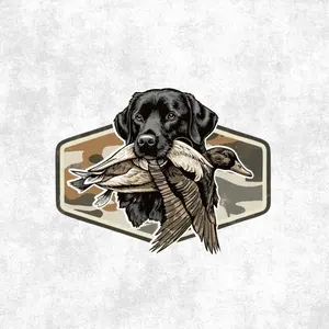_Black Lab Hunting Dog with Duck Sticker, Duck Camo Labrador Decal, Retro Camo Hunting Patch Hunting Boys Sticker