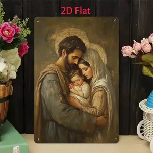 Retro Holy Family Metal Tin Sign - 8x12in Water Resistant Durable Religious Wall Art, Virgin Mary Joseph Baby Jesus Antique Oil Painting Style Distressed Rustic Plaque, Indoor Room Decorations for Home Chapel