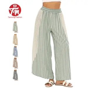 Tanming Women's Summer Striped Flare Palazzo Pants Boho High Smocked Waisted Wide Leg Pants with Crochet Detail Flowy Bohemian High Rise Lounge Trousers Trousers with Lace Patchwork