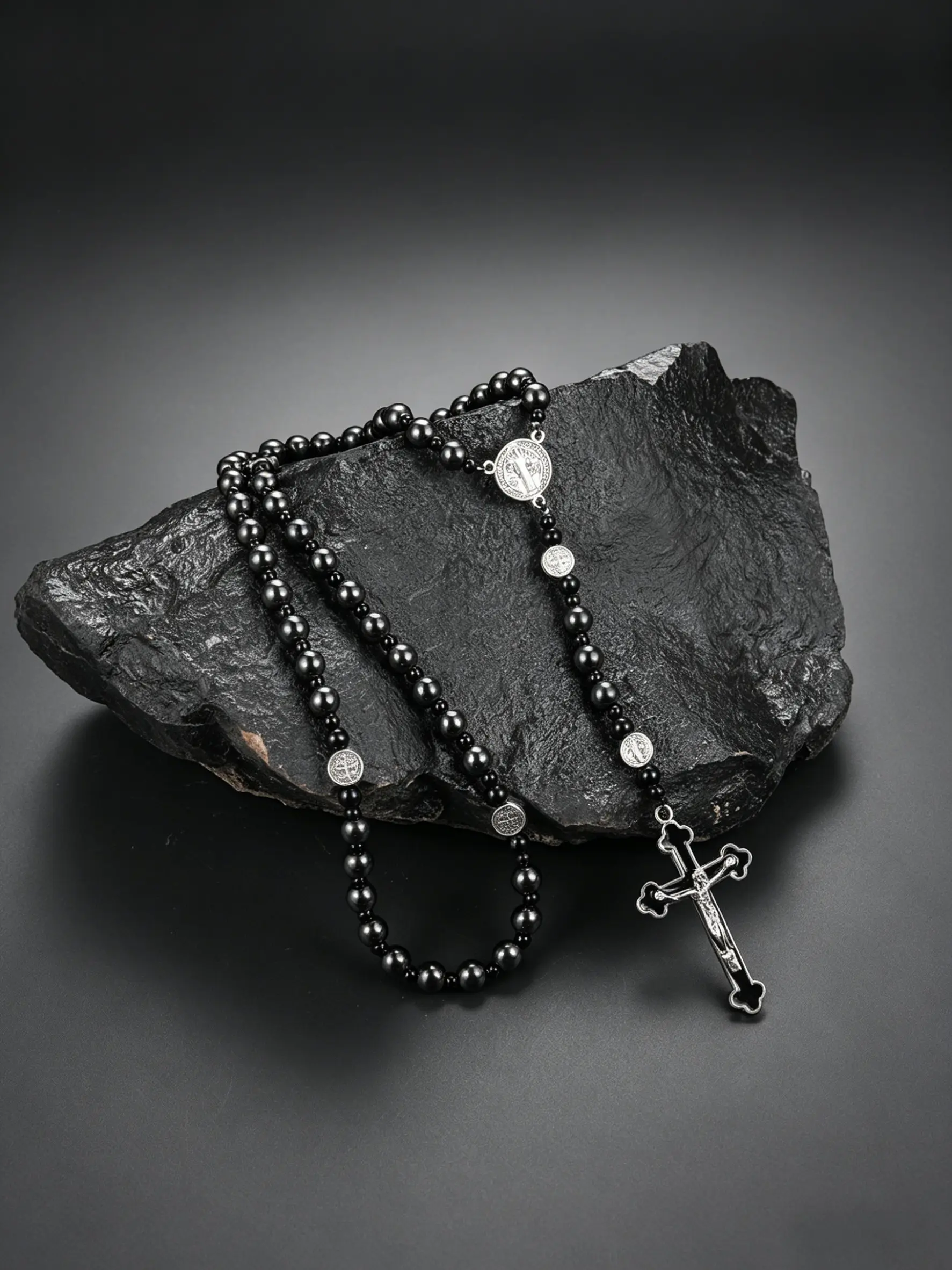 1pc Cool 8mm Hematite Stone Bead Cross Pendant Necklace, Retro Style Rosary Prayer Jewelry, Unisex Gift for All Seasons, Faith Pendant Necklace, Cross Necklaces