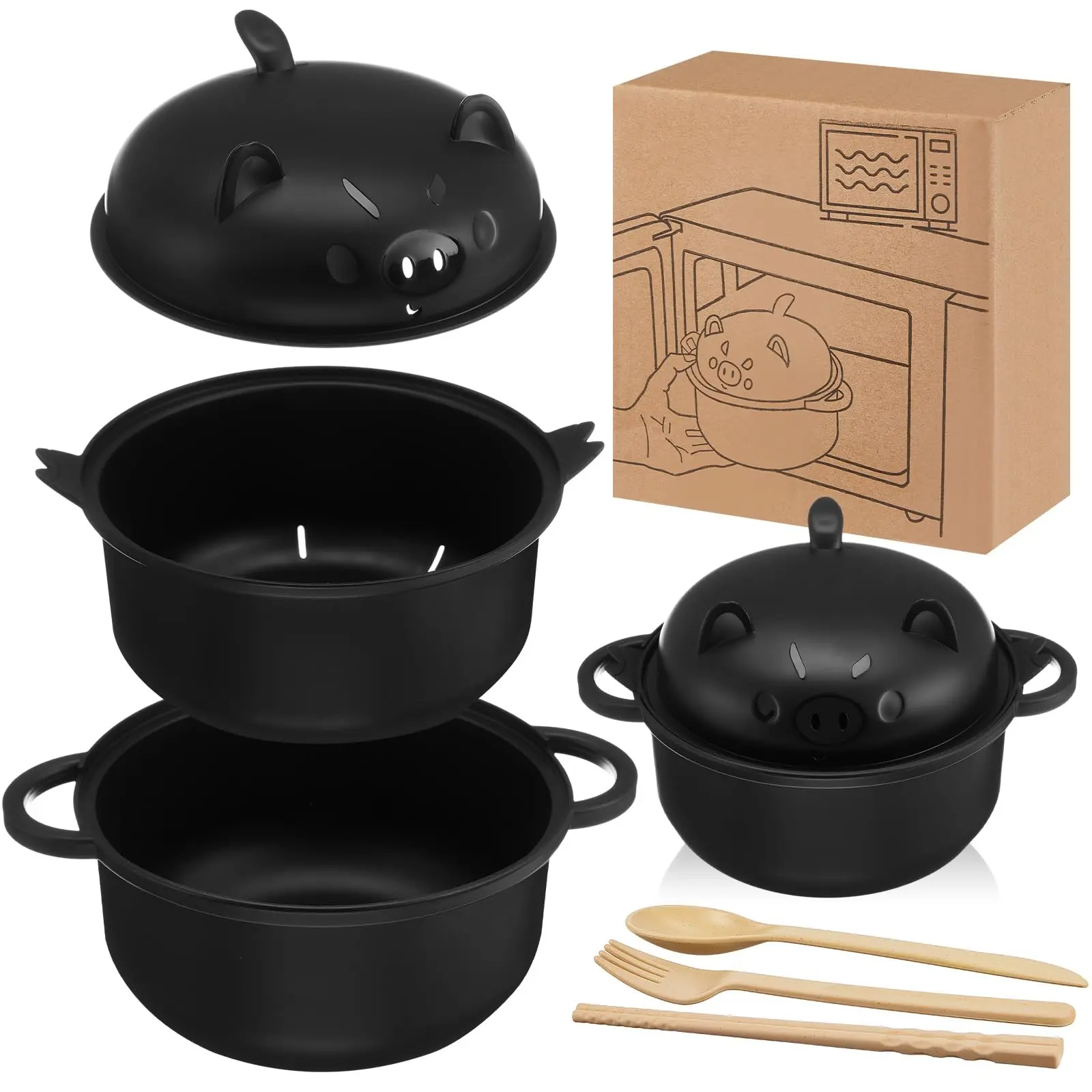 Large Capacity Round Double-Handle Pot with Cute 3D Pig Lid - Matte Wear-Resistant Coating, Stackable Storage, Lightweight, Smooth, Portable Kitchen Supplies for Instant Noodle, Porridge Cooking (Kitchen, Dorm Use)