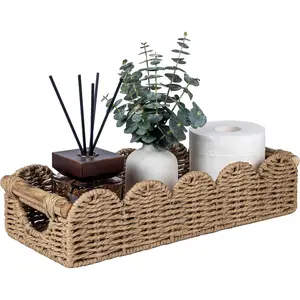 CubesLand Bathroom Basket Organizer w/Cut Out Handle, Back of Toilet Paper Storage Baskets Tray for Bathroom Countertop Decorative, Scalloped Wicker Basket Also for Home Decor, Living Room, Neutral