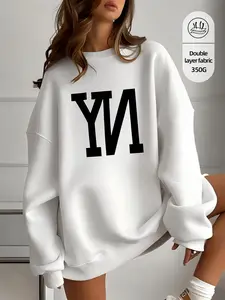 Yn Letter Print Loose Round Neck Sweatshirt, High Quality Fitted Design, Casual Style for All Seasons, Model Wears 2xl, Buy One Size Up