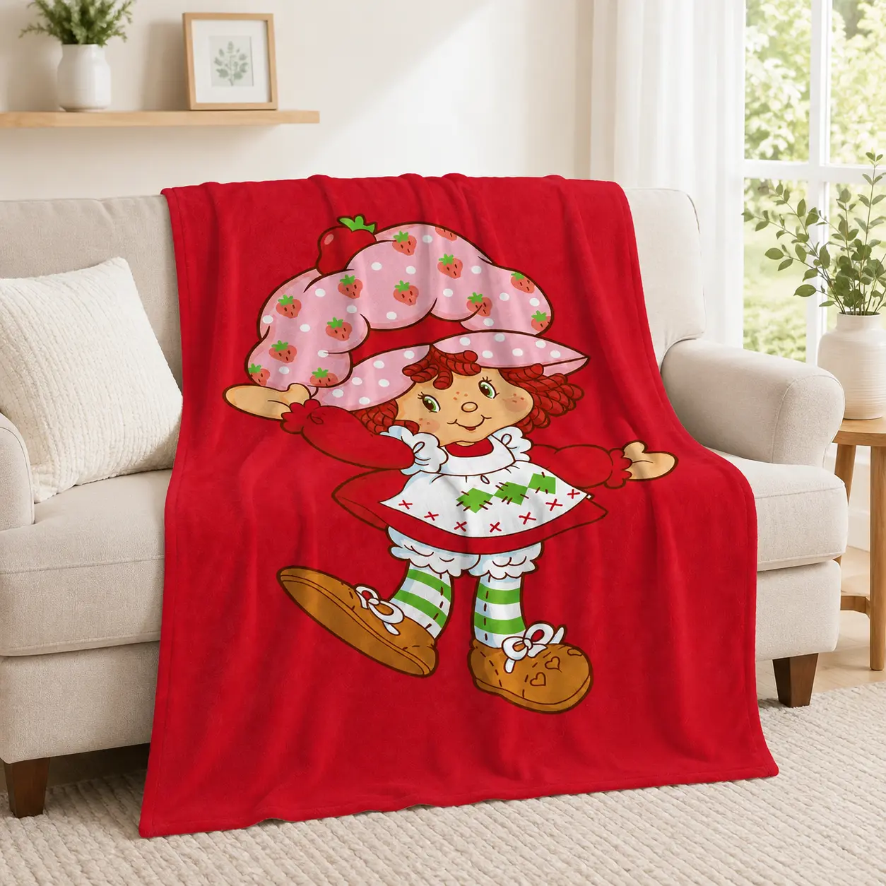 Strawberry Pink Shortcake Flannel Blanket Cute Cartoon Print Soft Comfortable Throw Blanket Lightweight Fluffy Cozy Blanket For Sofa Bed Couch Camping Chair Picnic Travel Bedroom Aesthetic Home Accessory Gift