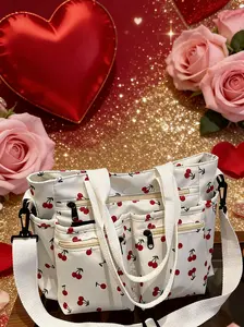 Cherry Print Casual Women's Handbag, Multi-Pocket Zip Design, Adjustable Shoulder Strap, Side Pocket for Water Bottle & Umbrella, Casual Trendy Bag, Fashionable Patterned Bag, Casual Trendy Purses, Fashionable Bags