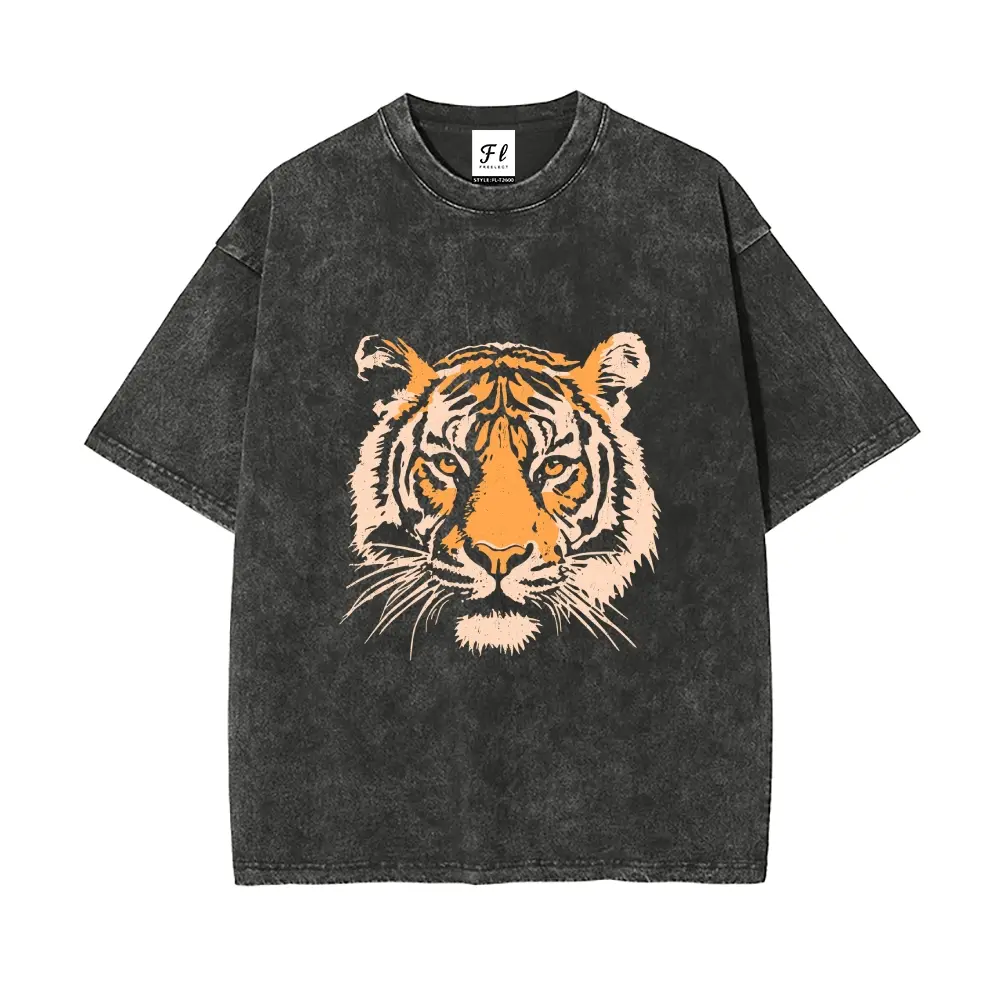 Men's Retro Tiger Graphic T-Shirt, 260g Heavyweight Cotton, Oversized Acid Wash, Short-Sleeve Round Neck Streetwear Top, 90S Baggy Shirts, Outdoor, Heavy Cotton, Fabric, High Density Stitch, Oversize Fit