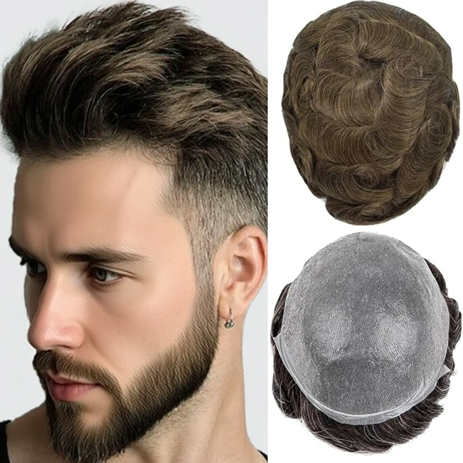 Men's Ultra-Thin Skin Human Hair Toupee, Natural Hairline Invisible 8x10inch V-Looped Hairpiece, 18 Different Colors Edgy Cut Hair Replacement System for Bald Loss, Hair System