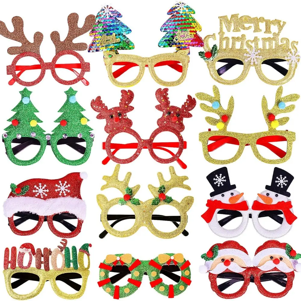 12 Pcs Christmas Glitter Party Glasses Frames-Holiday Decoration Accessories for Christmas Parties (One Size Fits All)