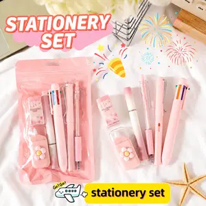 Aesthetic 7-Piece Pastel Stationery Set - Cute School Supplies & Journaling Accessories Bundle with Multi-Color Pen,  Highlighter & Cutter - All-in-One Desk Aesthetic Gift Pack for Students & Coquette Lovers
