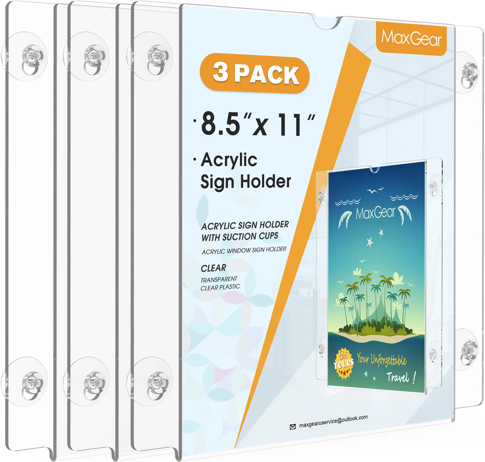 MaxGear 8.5x11" Clear Shatterproof Acrylic Sign Holder 3-Pack, with Suction Cup & Screws for Easy Installation, Wall & Window Mount for Photo, Flyer, Poster, Document Paper