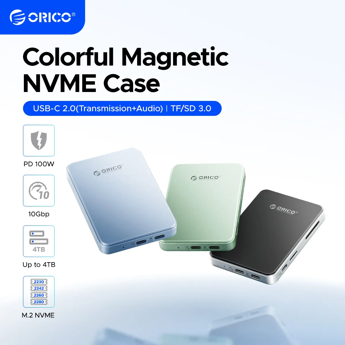 ORICO 10Gbps Magnetic M.2 NVMe SSD Enclosure with USB-C Dock Compatible for Phone 17/16/15 Pro/Max/Plus ProRes Recording TF/SD Card Slot PD 100W for 2230/2242/2260/2280 B+M M-Key Diskless AP80F