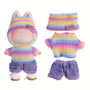 Rainbow Labubu Doll Clothes for Labubu with 3 Outfits - Stylish Fisherman Hat & Sweaters & Pants or skirt Set for 6.69inch Dolls, Adorable buLabu Accessories for Play & Display Doll Clothing Set (Not Included shoes & Doll)