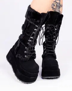 Demonia Black Bear Faux Fur Boots Girl Women Footwear Lace